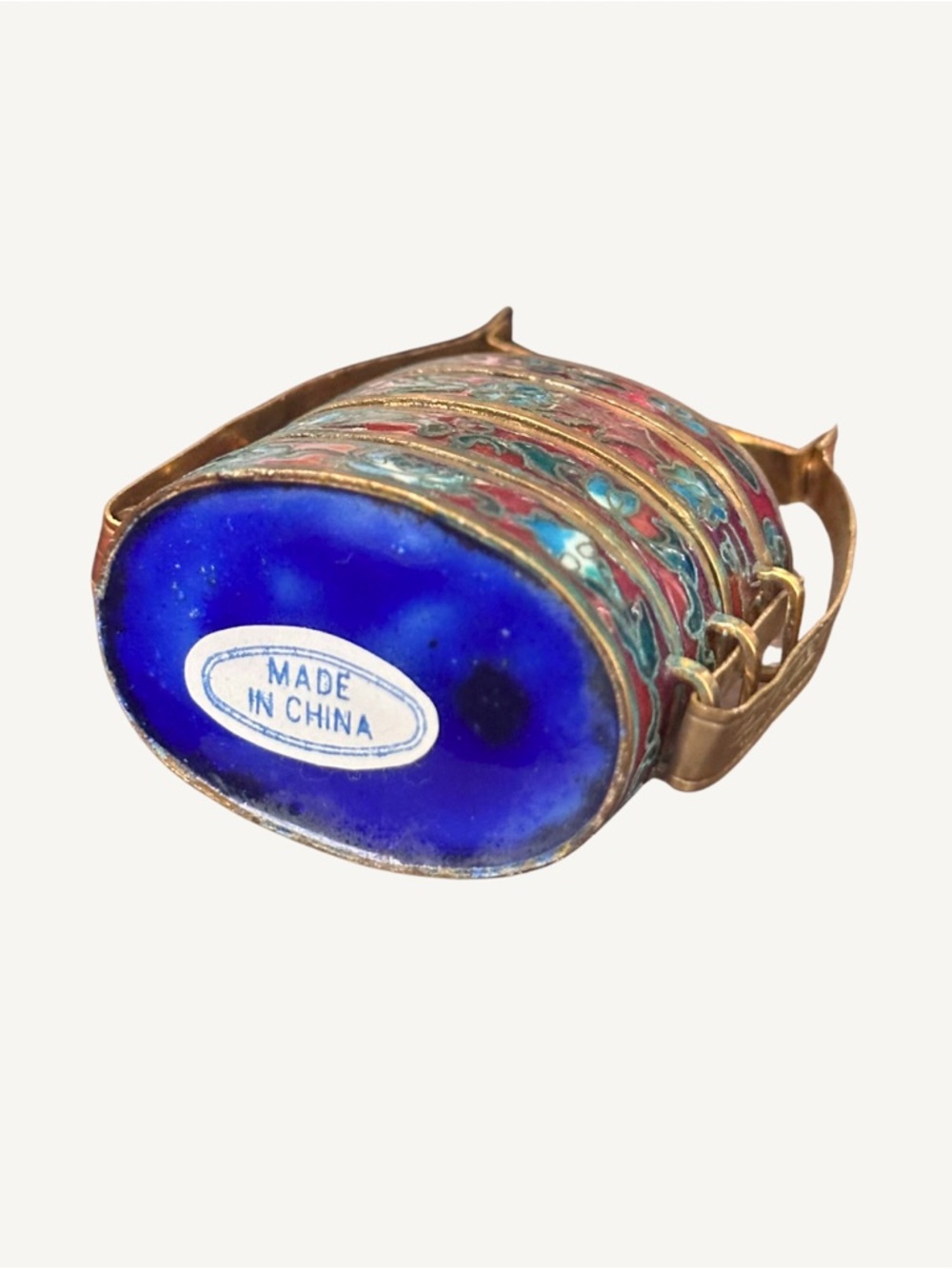 Antique Chinese Cloisonné Blue Teal Red Stacking Trinket Jewelry Pill Box - Picture 7 of 7